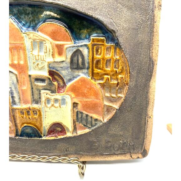 Village round on blue by Ruth Faktor bas-relief tile Signed glazed Jerusalem ART - Picture 2 of 7